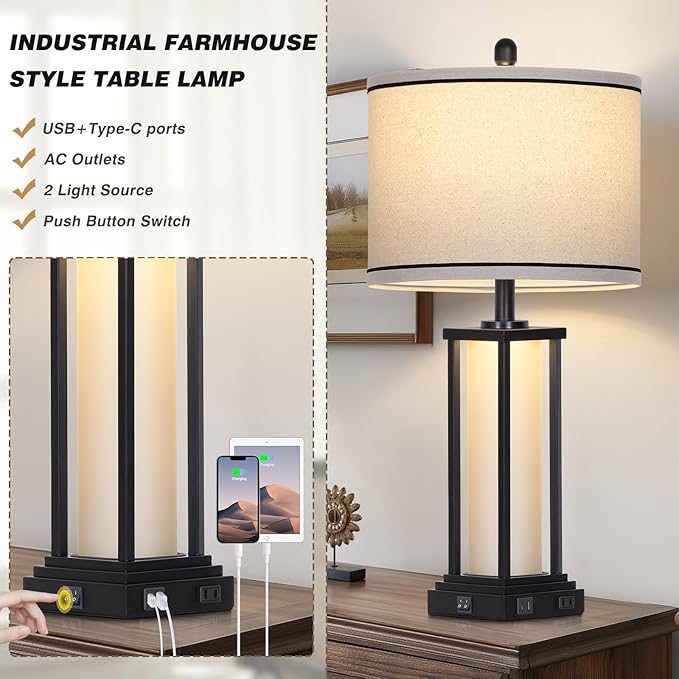 27in Tall Farmhouse Table Lamp with USB C+A & Outlet,Black Industrial End Table Lamp for Living Room,Vintage Rustic Bedside Lamp with Night Light for Bedroom Nightstand,Single Black