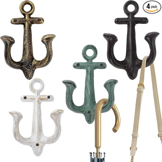 Notakia Decorative Wall Mounted Antique Shabby Chic Metal Home Bathroom Towel Coat Hooks Hanger, Vintage Rustic Cast Iron Wall Hooks (Large Nautical Towel Hooks 4Pcs)