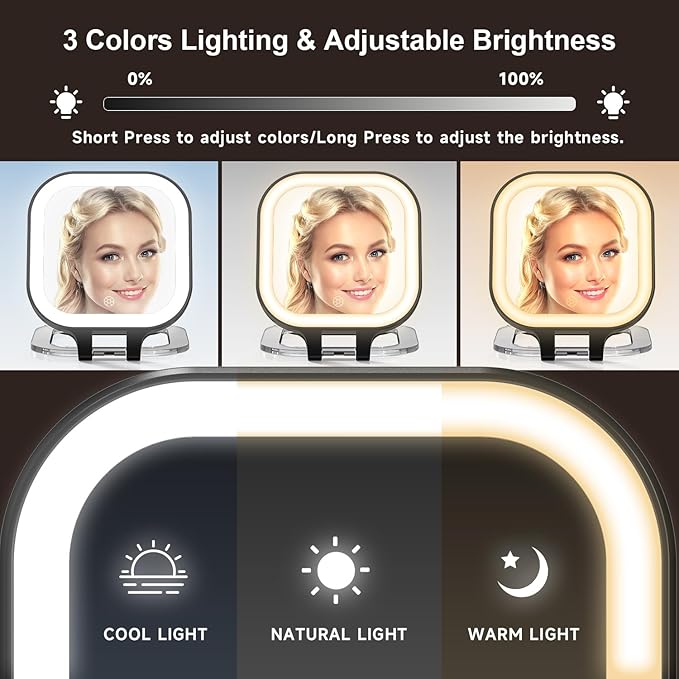 Mocado Compact Travel Makeup Mirror, 1X/10X Magnifying Mirror with Light, Double Sides Compact Mirror with 3 Color Light, Dimmable Handheld Mirror, Rechargeable Travel for Purse,Pocket(Black)