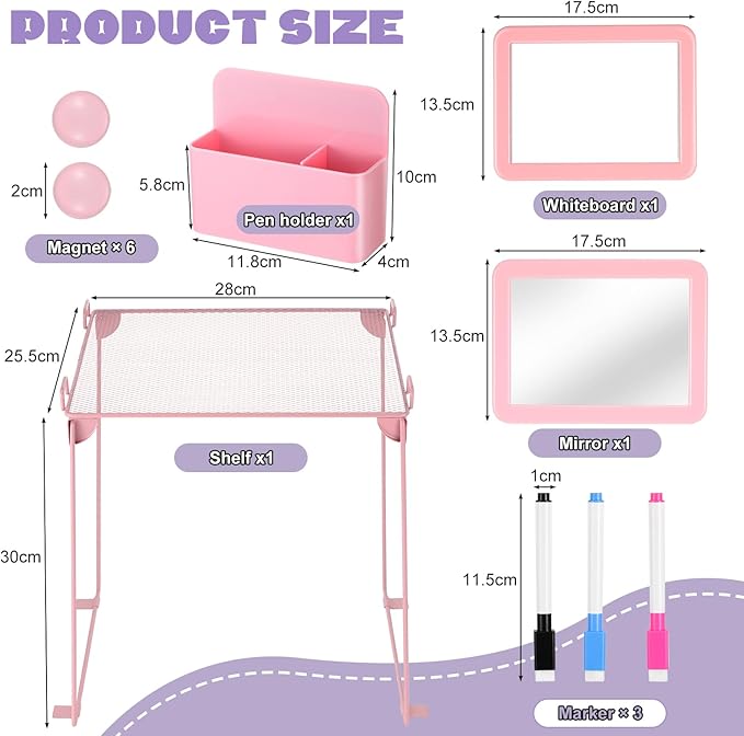 abcGoodefg Pink Locker Accessories, Cute Locker Organizer Shelf Locker Decorations for Girls for School Locker with Magnetic Locker Mirror and Whiteboard, Magnetic Pen Holder