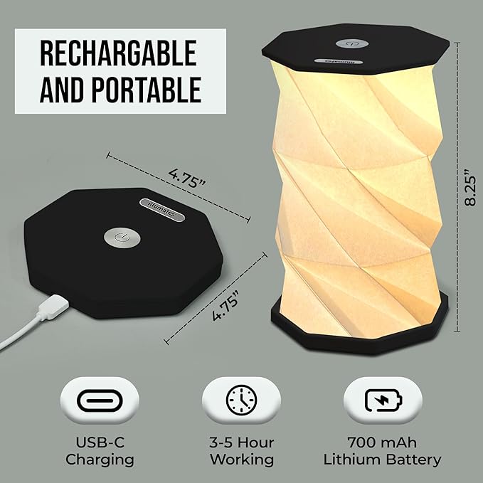 Foldable LED Desk Lamp – USB Rechargeable & Portable - Dimmable Touch Control Light with Adjustable Height up to 8.25" for Office, Travel, Bedside - Sleek & Modern Design (Black)