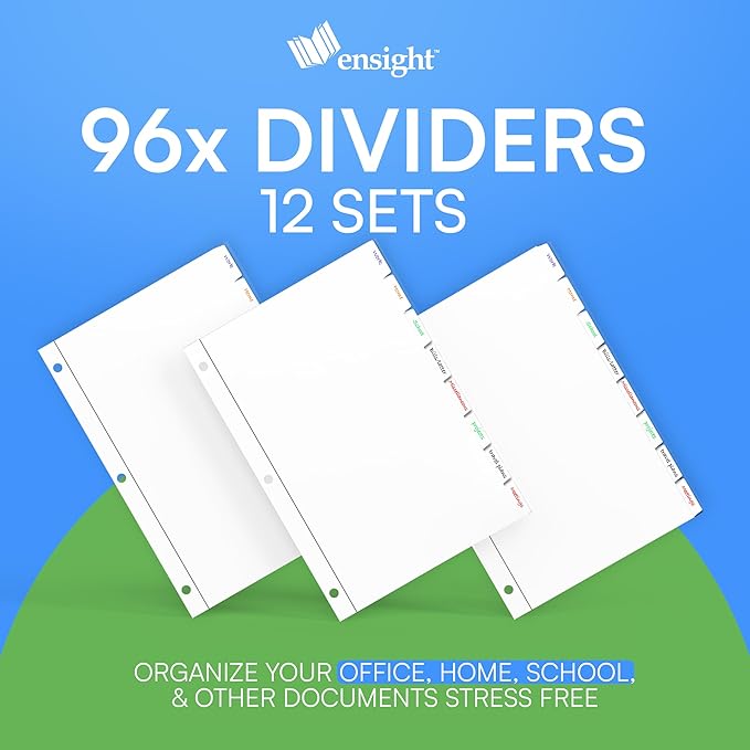 Ensight 3 Ring Page Dividers Bulk, 1/8 Cut Tab Dividers - 96 Per Box Divider Pages with Tabs, Decorative Printable Rewritable Divider Tabs, Exhibit Tab Dividers for 3 Ring Binders Bulk