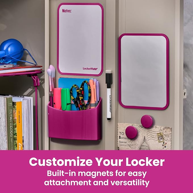 LockerMate 7-Piece Locker Organizer Kit, Includes Locker Shelf, Mirror, Whiteboard, Storage Cup & Dry Erase Marker, Pink