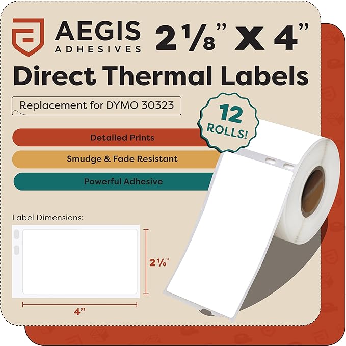 Aegis Adhesives - Compatible Direct Thermal Labels Replacement for DYMO 30323 (2-1/8" X 4") Shipping & Postage - Use with Labelwriter 450, 450 Turbo, 4XL Printers (12 Rolls)