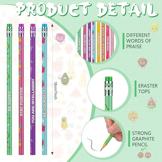 Leinuosen 200 Pcs Scented Pencils for Kids Cute Motivational Colorful Fun Wood HB Pencils Bulk with Erasers Fruit Elements for School Office Classroom Student