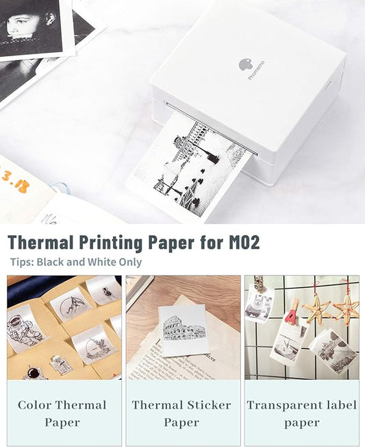 Memoqueen M02 Portable Bluetooth Thermal Sticker Printer, Mini Mobile Printer, Compatible with iOS & Android, for DIY Journal, Notes, Cartoon, Mini Banner, White