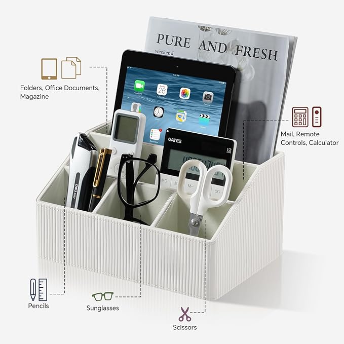 Remote Control Holder with 5 Compartments for Office Art Supplies, PU Leather Nightstand Organizer Pencil Pen Desk Caddy for Home, Desktop TV Remote Control Organizer Storage (Striped Ivory)