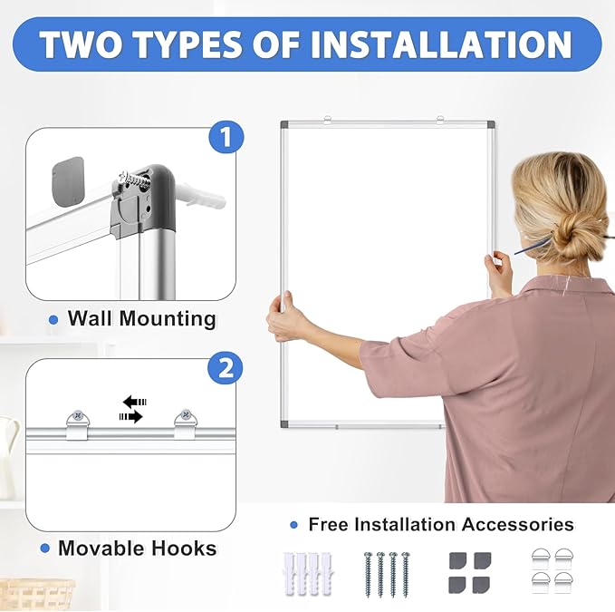 WALGLASS Large White Board, 60" x 40" Double-Sided Dry Erase Board Magnetic Whiteboard for Wall, Hanging Mounted Whiteboard Silver Aluminium Frame for Home, School, Office