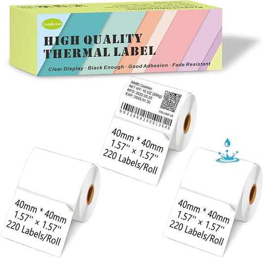 [220 Labels/Roll x 3] 40mm x 40mm Thermal Labels, 1.57''x1.57'' Label Maker Tape Refill, Weatherproof & Tear-Resistant Thermal Stickers Compatible for Phomemo M110, Supvan T50M Pro (White)