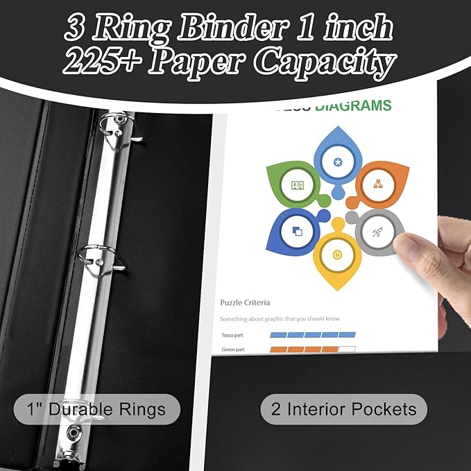 1-inch Slant D Ring Binder - 3 Ring Letter Size Binder, Presentation View with 2 Pockets, 12-Pack, Black