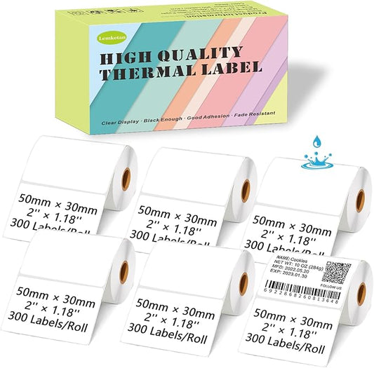 [300 Labels/Roll x 6] 50mm x 30mm Thermal Labels, 1.97''x1.18'' Label Maker Tape Refill, Weatherproof & Tear-Resistant Thermal Stickers Compatible for Phomemo M110, Supvan T50M Pro (White)