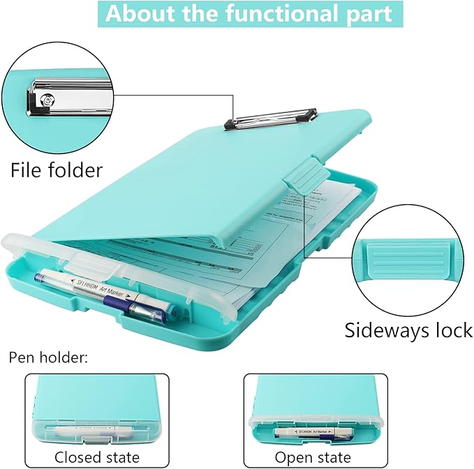 Clipboard with Storage,A4 Clipboards with Pen Holder,Heavy Duty Plastic Storage Clipboard with Low Profile Clip,Nursing Clipboards Folder Side-Opening,Smooth Writing Clip Board for Office-Blue Green