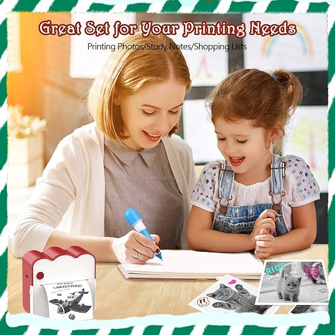 Christmas Mini Photo Printer - Portable Pocket Sticker Printers for iPhone Thermal Printer with 10 Rolls Thermal Paper for Photo, Memo, Journal - Red