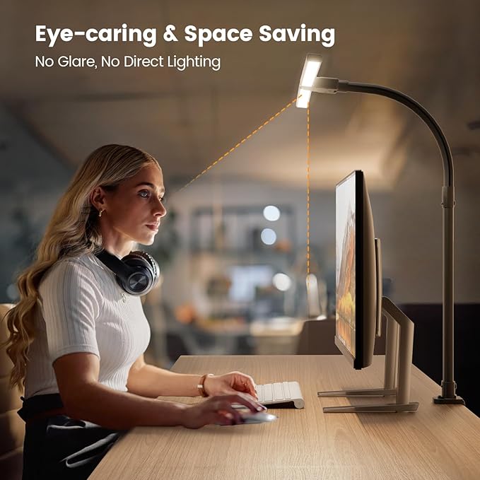 LED Desk Lamp for Home Office - 24W Computer Lamp with Remote Control, Dual Head Desk Light Bar with Clamp, 5 Color & Brightness Adjustable, Tall Flexible Task Monitor Lighting, Black