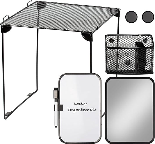 Black Locker Organizer Kit with Shelf, Shelf, Mirror, Pen Holder, Whiteboard, Back to School Essentials, 7-Piece Decoration Kit