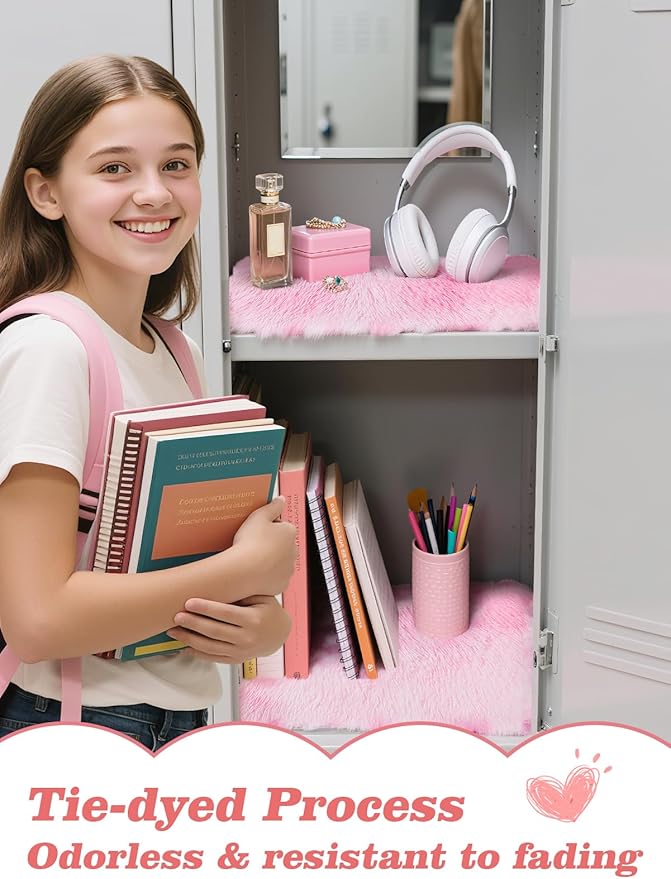 School Locker Rugs, Tie-dye 12 Inch Square Locker Decorations for Girls, Soft Fluffy Faux Fur Area Carpet with Anti-Slip Layer for Middle School Locker Decor Aesthetic Nail Photography (Pink, 2 Pcs)