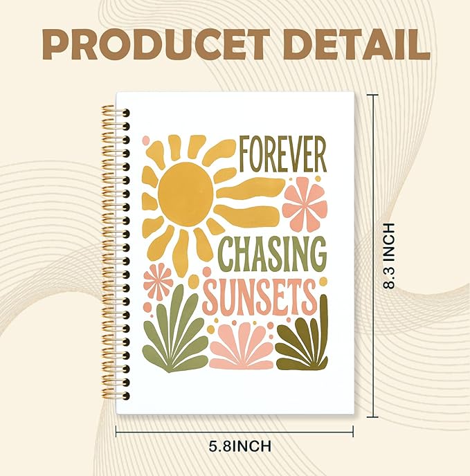 KRHFG Boho Floral Summer Spiral Notebook, Inspirational Gifts for Women Journal, Forever Chasing Sunsets Summer Motivational Therapy Notebooks, Boho Office Supplies, 5.5x8.3 Inch