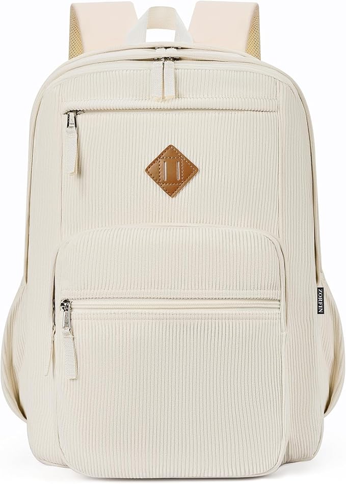ZORFIN 26L Backpack for School, College, and Travel: Corduroy Bookbag with 8 Compartments - Vintage Lace