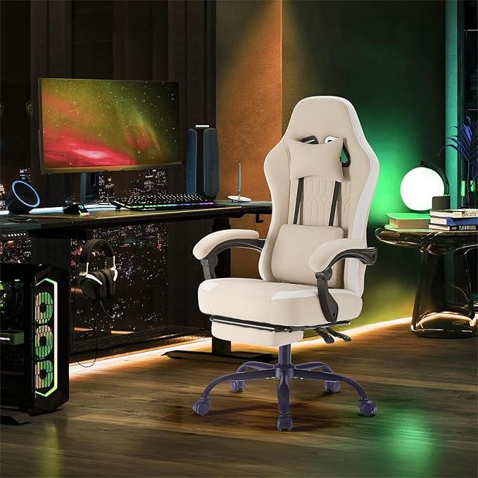 Sweetcrispy Computer Gaming Chair - High Back Ergonomic Desk Chair with Footrest and Lumbar Support, Height Adjustable Task Chair with Linkage Armrests and Headrest, 360° Swivel Wheels, Khaki