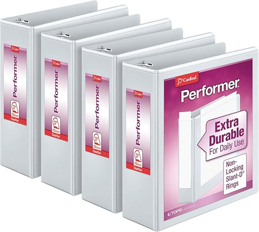 Cardinal Performer 3-Ring Binders, 3", Non-Locking Slant-D Rings, White, 4-Pack & Economy 3 Ring Binder, 2 Inch, Presentation View, White, Holds 475 Sheets, Nonstick, PVC Free, 4 Pack of Binders