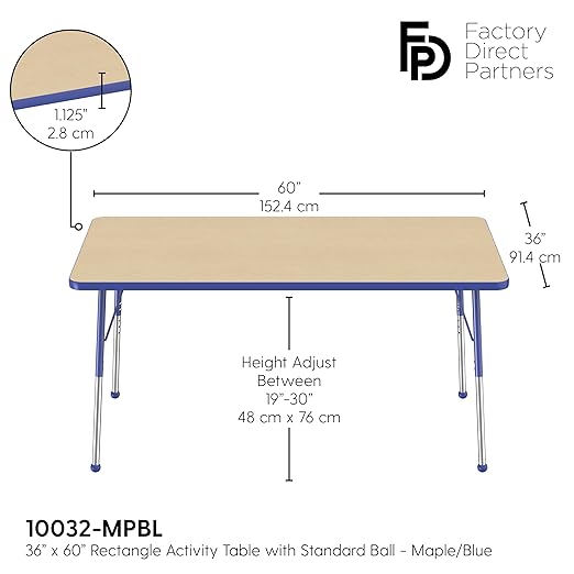 Factory Direct Partners FDP Rectangle Activity School and Office Table (36 x 60 inch), Standard Legs with Ball Glides, Adjustable Height 19-30 inches - Maple Top and Blue Edge