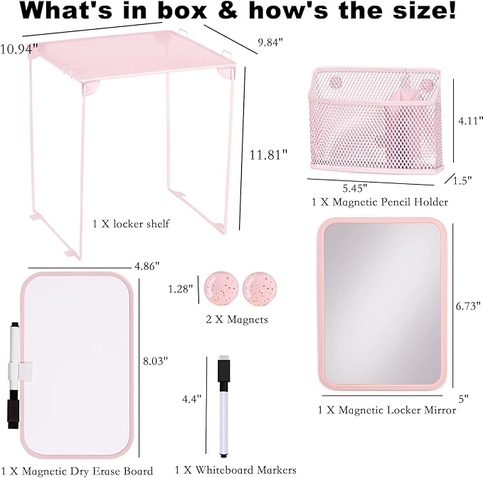 Pink Locker Accessories with Locker Shelf, Magnetic Mirror, Magnetic Pen Holder, Magnetic Small Whiteboard, Back to School Essentials Locker Decorations, 7 Piece Locker Organizer for Work