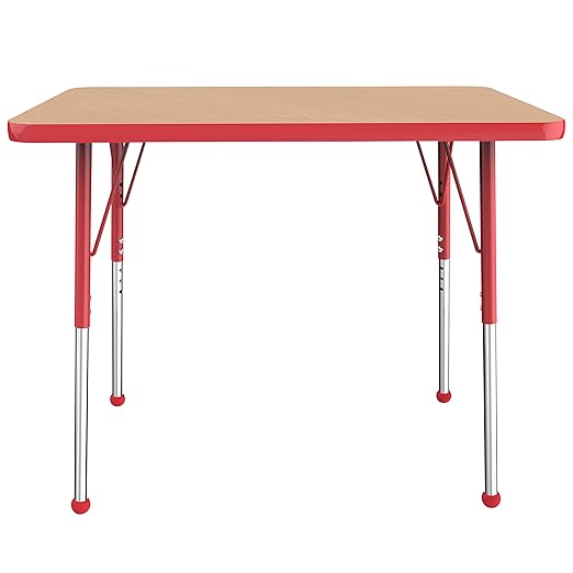 FDP Rectangle Activity School and Office Table (24 x 36 inch), Standard Legs with Ball Glides, Adjustable Height 19-30 inches - Maple Top and Red Edge