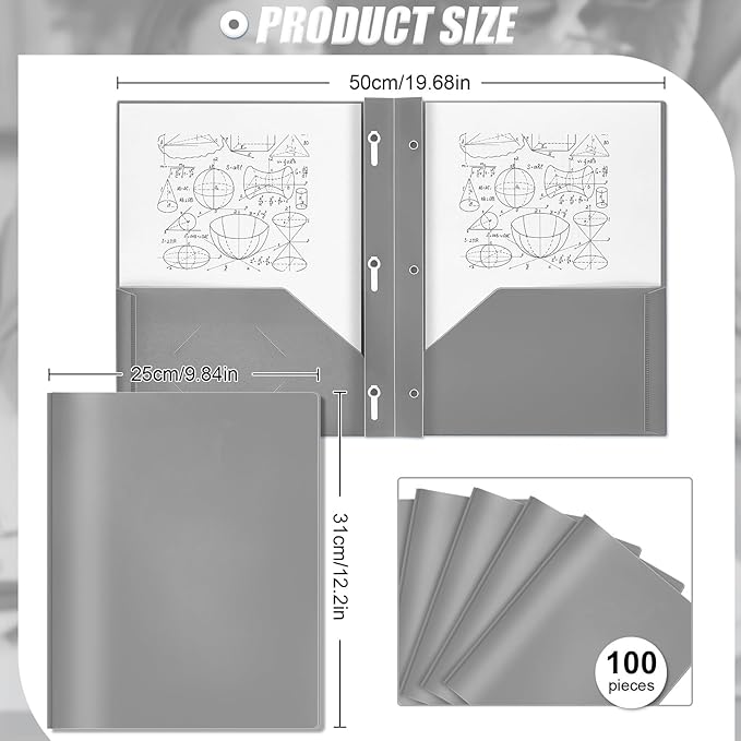 Lincia 100 Pcs Plastic Folders with Pockets and Prong Folders with Prongs Plastic Folders with 2 Pockets Pocket Folders for Office, School for Students, Teachers, Office Workers (Gray)