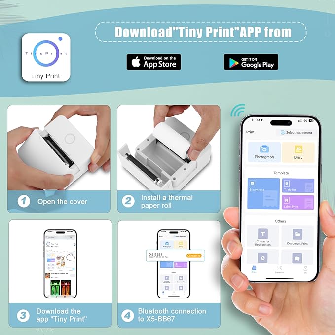 Mini Pocket Bluetooth Printer-Portable Thermal Printer with 10 Roll Papers for Journal/DIY Scrapbook/Travel/Notes/Lists/Label/Memo, Receipt Printer for Children Women Gifts Kids Christmas