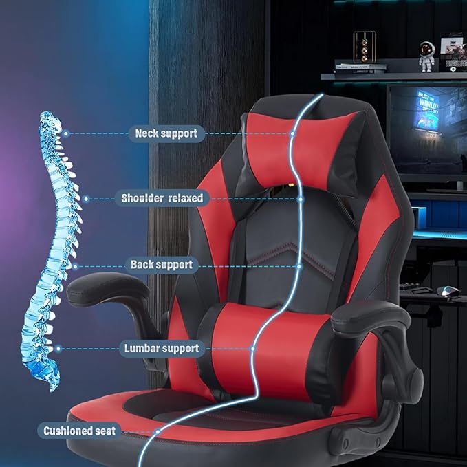 DUMOS Ergonomic Gaming Office Desk Chair with Flip-up Armrests for Adults, Height Adjustable PU Leather Video Game Computer Chair with 360° Rolling Wheels for Home and Office, Black Red