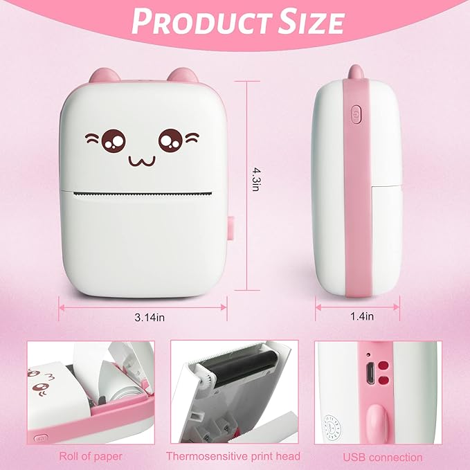 Mini Pocket Printer, Gifts for kids, Portable Thermal Printer for Pictures/Retro-Style Photos/Receipts/Notes/Lists/Label/ Memo/QR Codes, Bluetooth Wireless Smart Printer with Android or iOS APP (PINK)