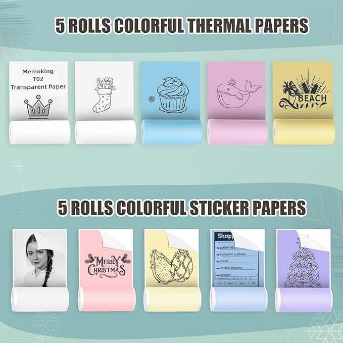 Mini Pocket Bluetooth Printer-Portable Thermal Printer with 10 Roll Papers for Journal/DIY Scrapbook/Travel/Notes/Lists/Label/Memo, Receipt Printer for Children Women Gifts Kids Christmas IOS&Android