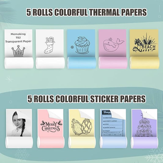 Mini Pocket Bluetooth Printer-Portable Thermal Printer with 5 Roll Papers for Journal/DIY Scrapbook/Travel/Notes/Lists/Label/Memo for Children Women Gifts Kids Christmas iOS&Android