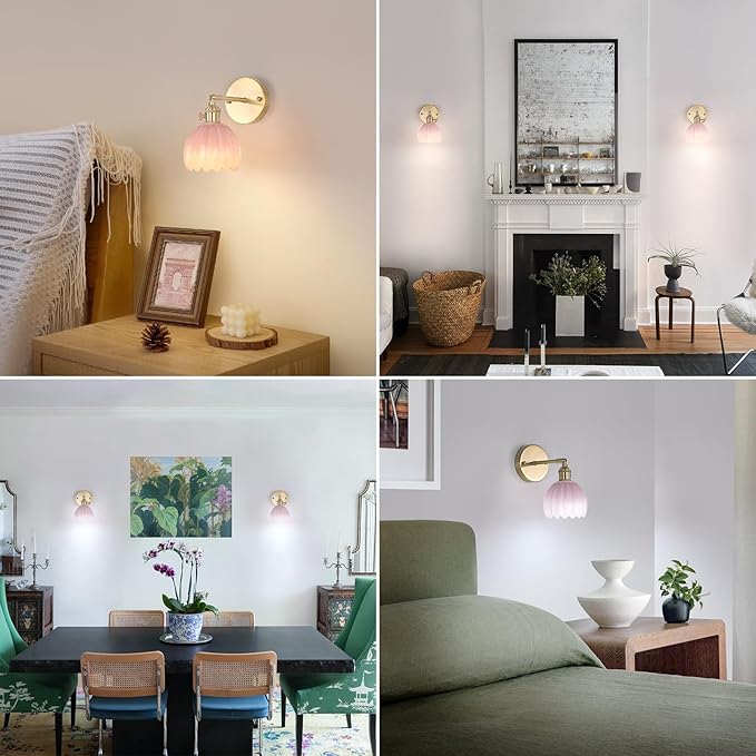 Vintage 5000 mAh Battery Operated Wall Sconce with Pink Tulip Glass Lampshade Rechargeable Battery Powered Wall Light with Remote Control for Bedroom Doorway, Set of 2