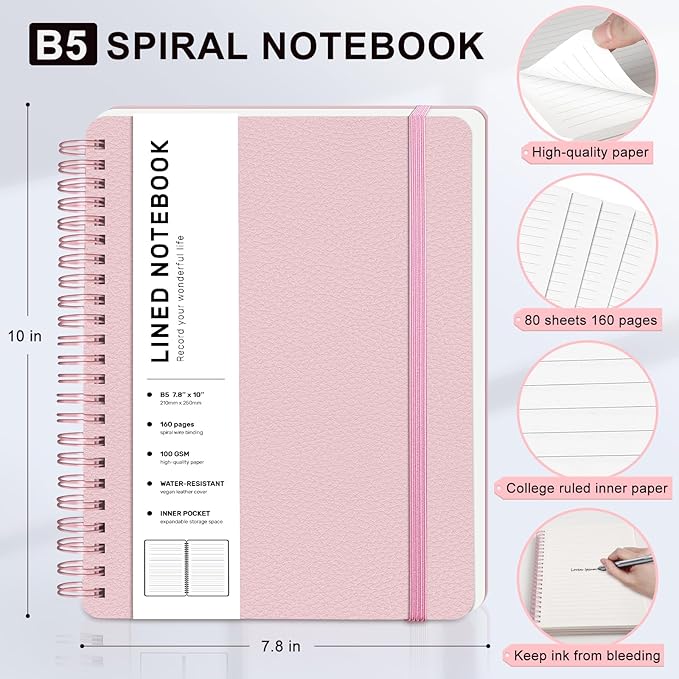 Lined Spiral Journal Notebook, B5 Spiral Notebook, 7.8''×10'' Journaling Notebooks for Work, School, Women, College Ruled Spiral Notebook, Hardcover Leather Notebook for Note Taking Business, Pink
