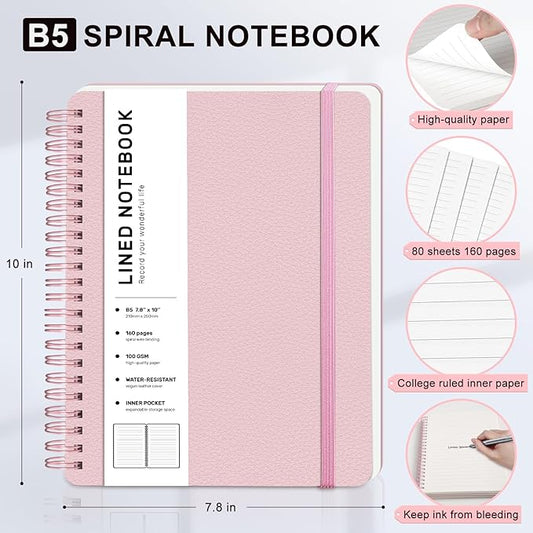 Lined Spiral Journal Notebook, B5 Spiral Notebook, 7.8''×10'' Journaling Notebooks for Work, School, Women, College Ruled Spiral Notebook, Hardcover Leather Notebook for Note Taking Business, Pink