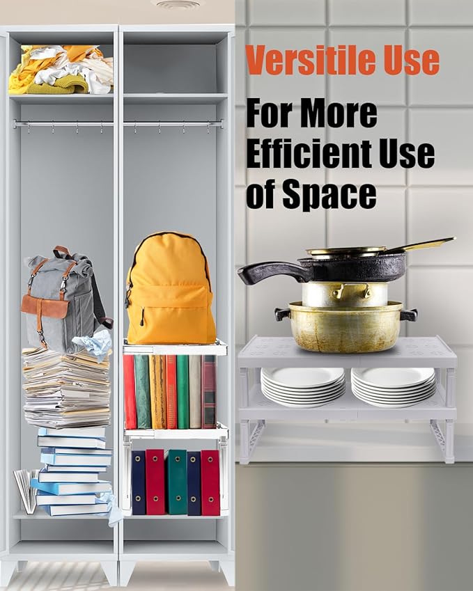 Locker Organizer Shelf， Adjustable Width and Height, Ideal Locker for School, Office, and Gym Lockers… (White 2 Pack New Version)