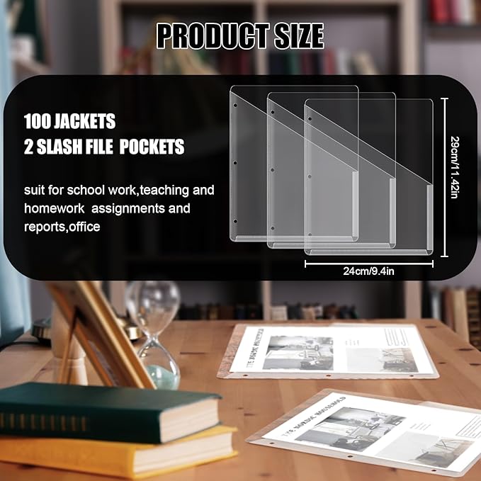 Seajan 100 Pcs Pocket Folders for 3 Ring Binder Clear Plastic Folders Sleeves with 2 Pockets 3 Hole Punch Binder Dividers Poly Slash File Jackets for Office School Document Organizer (White)
