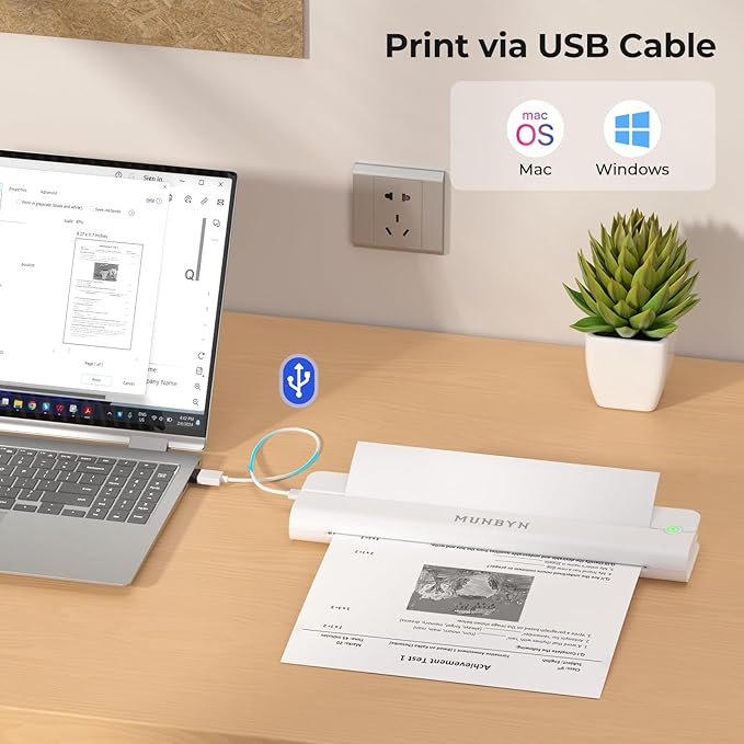 MUNBYN Portable Printers Wireless for Travel ITP02, Portable Printer Bluetooth, Support 8.5"x11" & A4 Thermal Paper, Compatible with Android, iOS & Laptop, Small Printer for Office, School(White)
