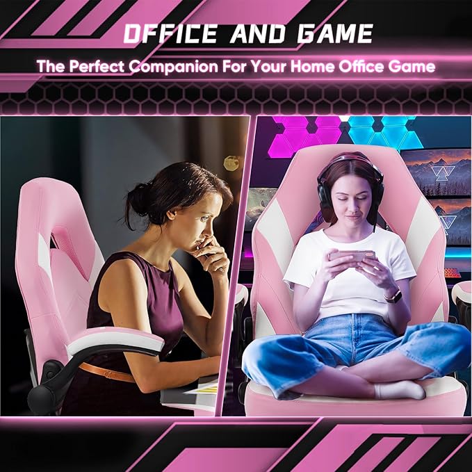 DUMOS Gaming Ergonomic Office Chair for Adults, Height Adjustable Computer Desk Chair with Flip-up Armrests, PU Leather Swivel Video Game Chair with 360° Rolling Wheels, Pink