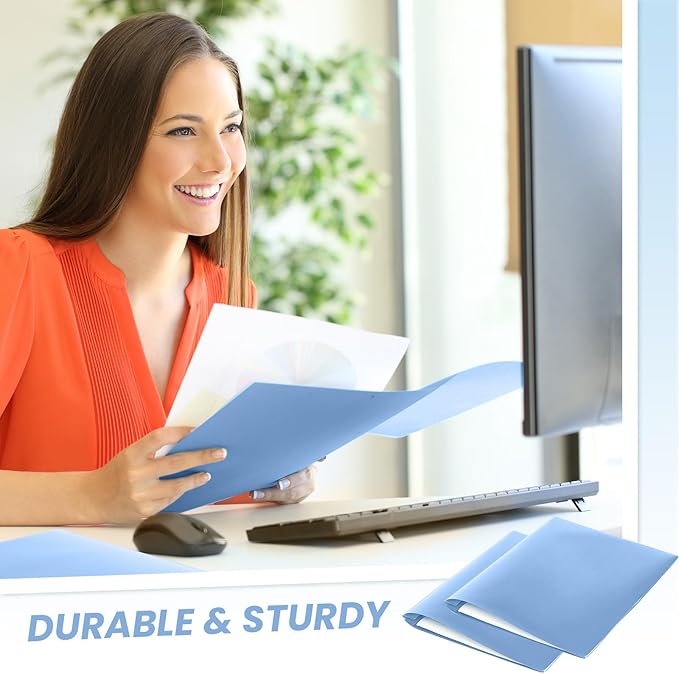 Lincia 100 Pcs Plastic Folders with Pockets and Prong Folders with Prongs 2 Pockets for Office, School for Students, Teachers, Office Workers (Haze Blue)