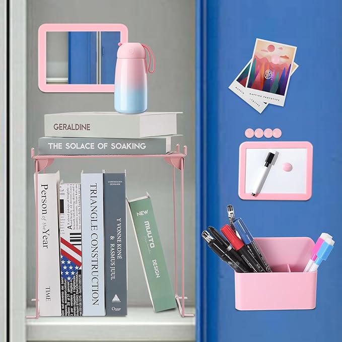 Pink locker accessories kit, locker decorations for girls, cute locker set includes locker shelf, magnetic locker mirror and whiteboard, pen holder, markers and magnets