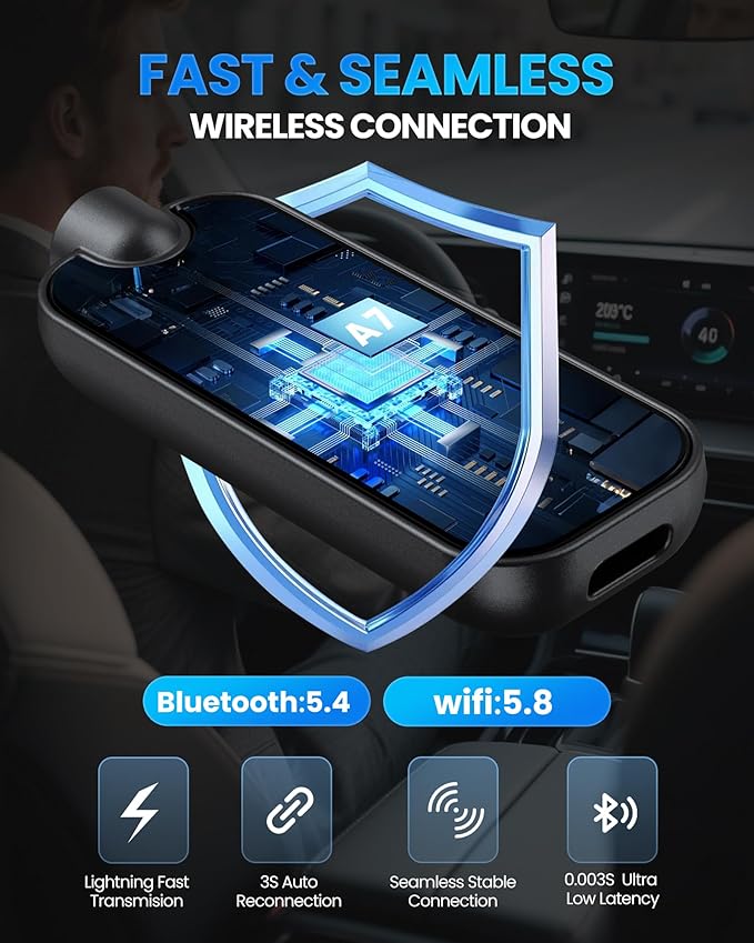 Wireless Carplay Adapter Upgraded Model adds Emergency Escape Window Breaker Function for Apple iPhone iOS 10+ & Cars from 2016+, Auto-Connect Stable Control & No Latency