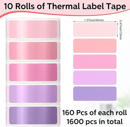 1600 Pcs Label Tapes 12 x 40 mm Laminated Stickers Replacement Compatible with D30 Portable Thermal Label Paper Printer Tapes for Office 160pcs/roll(Purple, Pink)