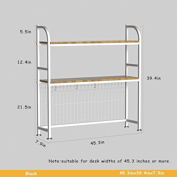 2-Tier Desktop Hutch Bookshelf - Metal Desk Shelf Bookcase with Grid Panel, Countertop Storage Organizer Rack for Dorm or Office, White, 45.3" W