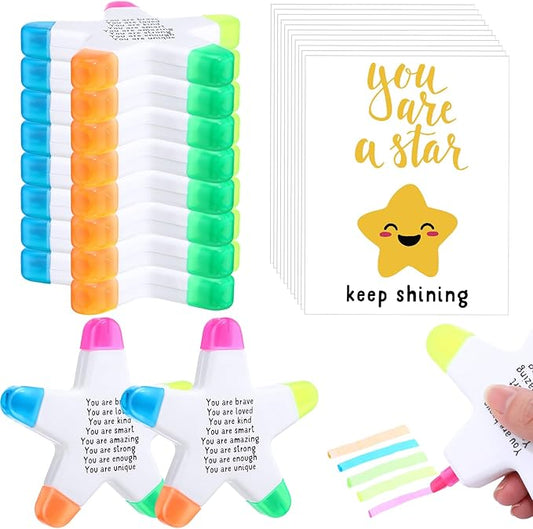 12 Sets Back to School Gifts for Students Star Highlighters with You're a Star Cards Gift Bags 5 in 1 Fluorescent Pens Affirmation Gifts for First Day of School Party Favor (Brave)