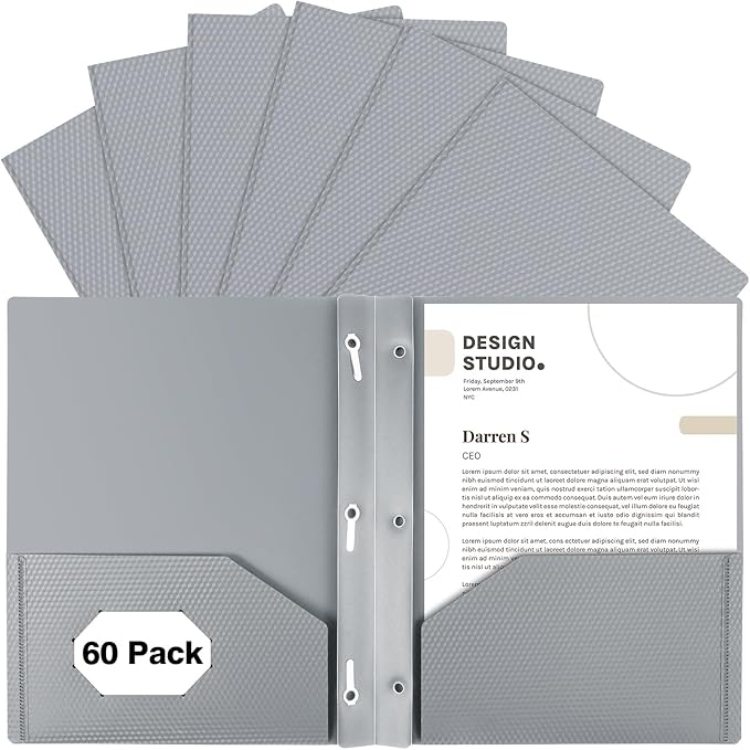 60-Pack Plastic Folders with Pockets and Prongs,2-Pocket Folders with 3 Fasteners, Poly Folders Holds 8-1/2" x 11" Paper for School/Office/Home, Silvery