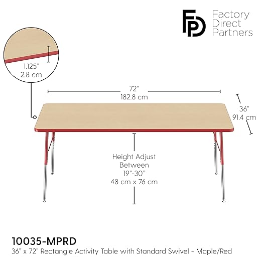 Factory Direct Partners FDP Rectangle Activity School and Office Table (36 x 72 inch), Standard Legs with Swivel Glides, Adjustable Height 19-30 inches - Maple Top and Red Edge