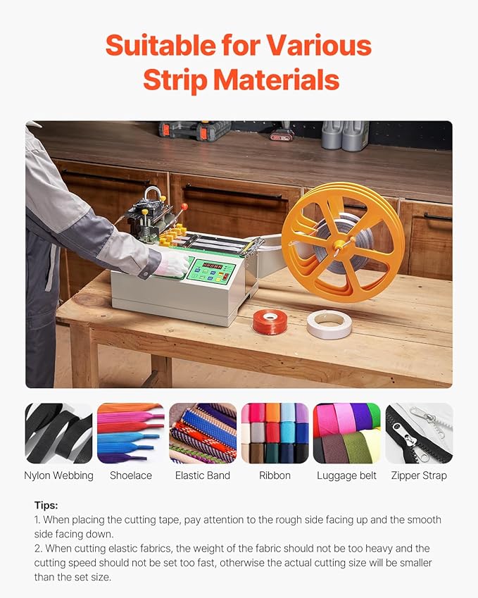 VEVOR Automatic Webbing Cutting Machine, Hot and Cold Ribbon Cutting Machine with Adjustable Temperature and LCD Display, Auto Zipper Tapes Cutter for Nylon Webbing, Elastic Bands, Shoelaces