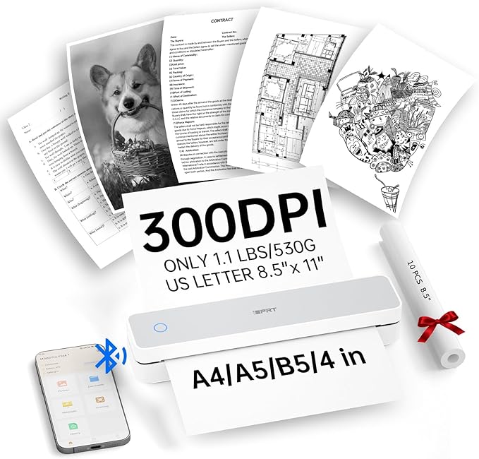 iDPRT Portable Thermal Printers Small Compact Inkless Wireless Printer for Home, Office & Vehicles, 300DPI, Support 8.5" x 11" Length US Letter A4&A5 Size, for Smartphone, PC, Black White Printing